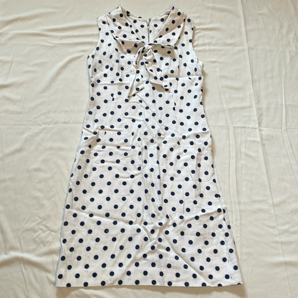 Carol Brent Dresses & Skirts - 1960-70’s Vintage White Linen Day Dress with Navy Blue Polkadots